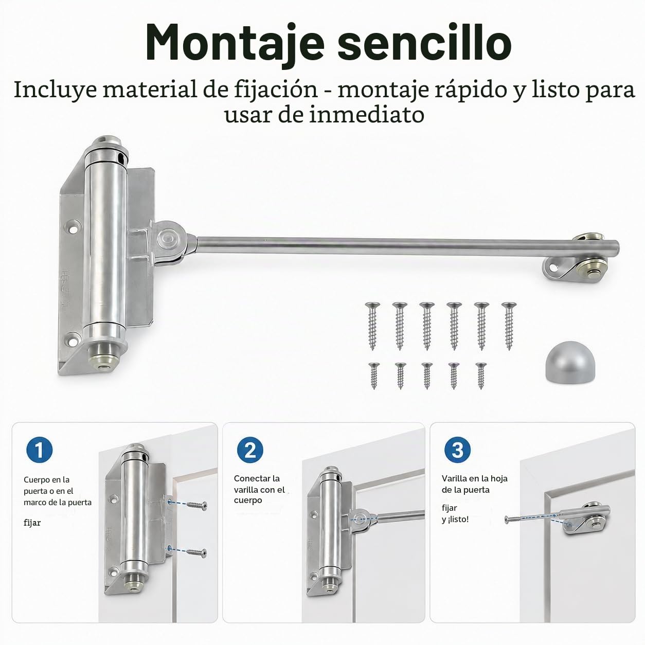 Muelle para puerta de hasta 40 kg – Cierrapuertas de acero galvanizado – Cierrapuertas interior con muelle – Cierre automático plateado para puerta de jardín y puerta de habitación (1 unidad)