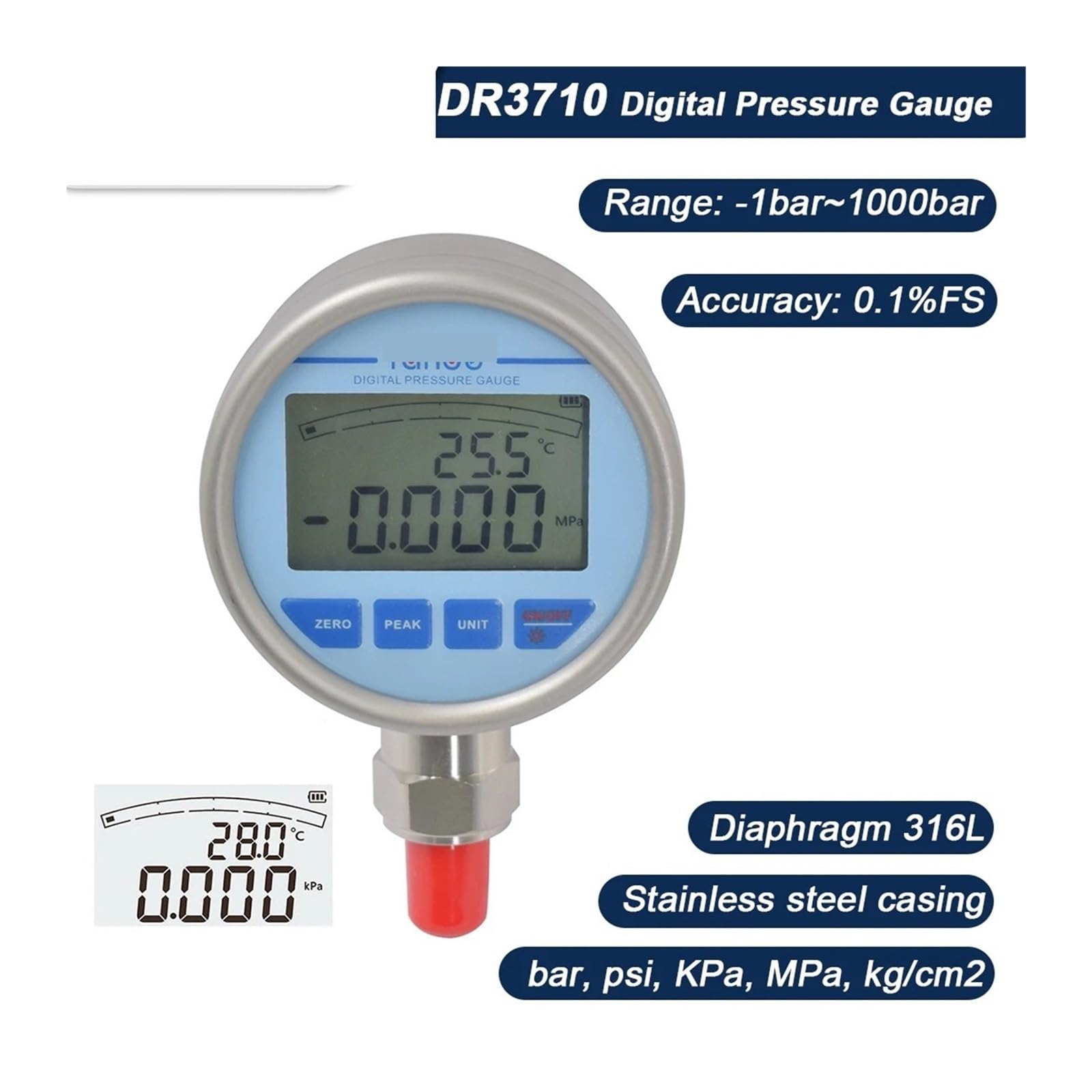 Präzisions-Digital-Manometer, DR3710 Edelstahl-Membran-Manometer mit Hintergrundbeleuchtung(-100KPa-250KPa)