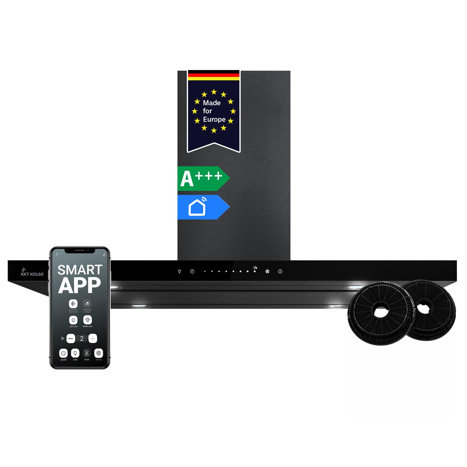 KKT KOLBE A+++ Cappa aspirante 90 cm 680 cbm/h Isola di scarico dell'aria nera vetro Smart WiFi App Wi-Fi Funzione di ricarica automatica SensorTouch con filtro a carbone FLAT-INSEL-6S