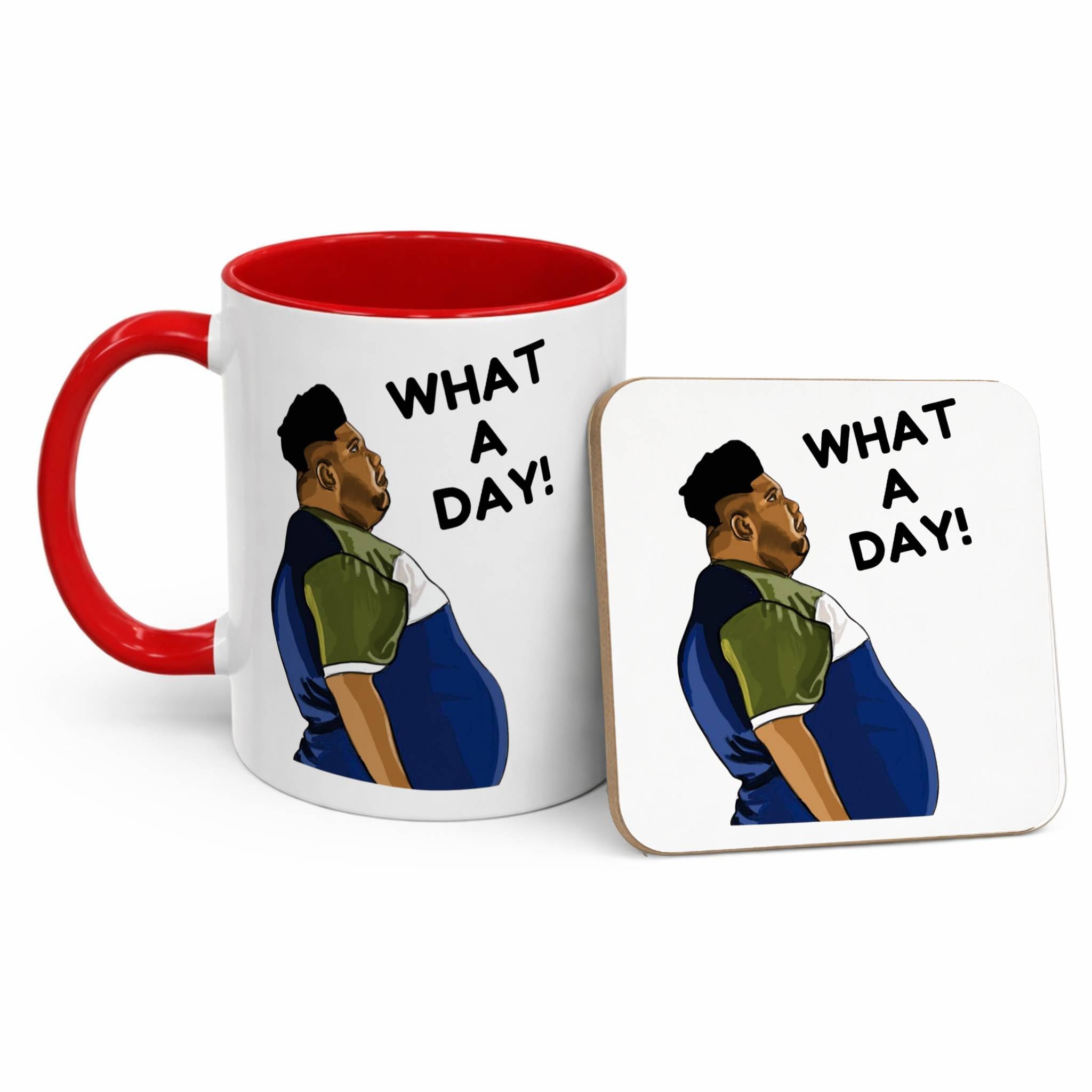 Funny What A Day Work Mug, Novelty Harvey Price Viral Meme, Office Humour Coffee Cup, Bad Day Mug, Gift for Colleague, Friend, Him or Her (Mug & Coaster Set, 11oz Red)