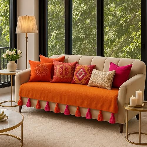 WWW.THROWPILLOW.IN Orange 5-Seater Sofa Cover Set (3+1+1) with Tassels – Includes Sofa Runner for 3-Seater and Single-Seater Covers – Set of 3 Seat Throws |Tassel Sofa Throw for 5-Seater