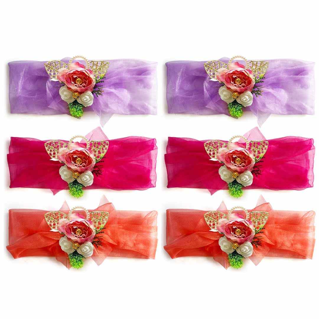 ADIKALA™ Set of 6 Prepared Ready to use Net Band with Big Peony Foam Flower Bunch For Wedding Trousseau Packing, Gifting Tray Decoration, Trolly Bag Decor, Diwali Gift Decor (Pin D1)-image-4