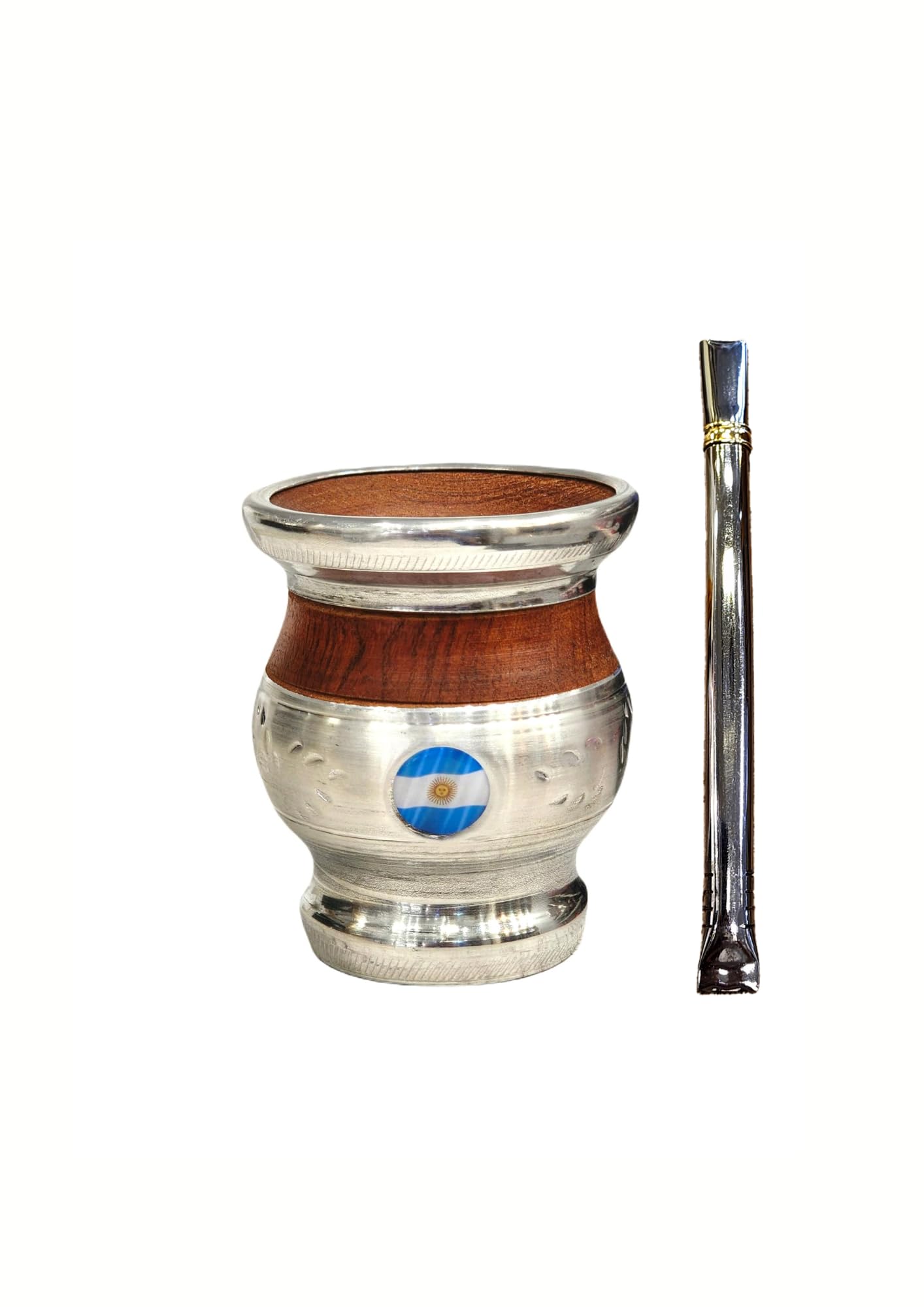 Mat argentin classique, fabriqué à la main en bois de caroube naturel avec revêtement en acier inoxydable, mat avec ampoule, Gourd Mate Cup