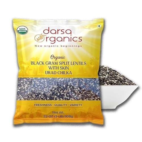 Darsa Organics Frijoles mate negros divididos de 2 libras, Urad Dal Chilka, lentejas partidas de gramos negros con piel  Certificado USDA, sin OMG,