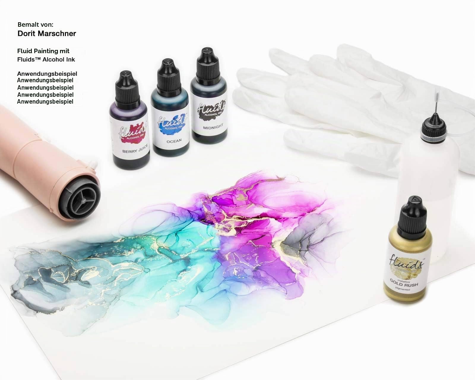 Octopus Fluids Alcohol Ink Starter Set Starter, 5 x 30 ml | Komplettset mit aufeinander abgestimmten Alkoholtinten und Zubehör für den Einstieg in Alcohol Ink Art