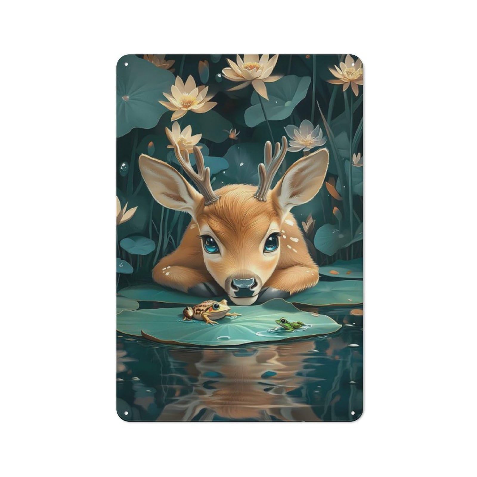 Junmoney Cute Deer And Frogs In Pond Tin Sign 30X20cm For Living Room Wall, Retro Wall Decor, A Decorative Metal Sign For Living Rooms And Feature Walls