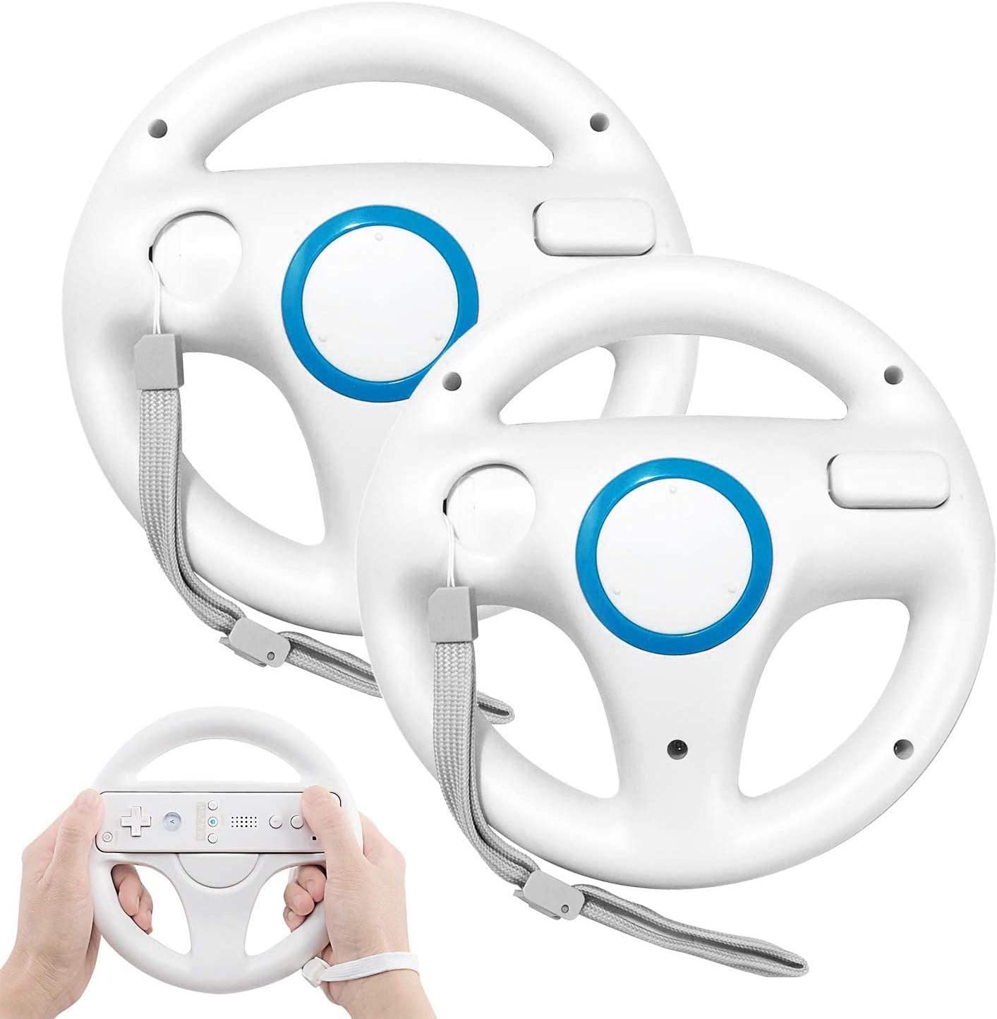 Geeklin Wii Steering Wheel, 2 Pcs White Wii Controller Steering Mario Kart Racing Wheel Game Controller For Nintendo Wii Remote Game-White