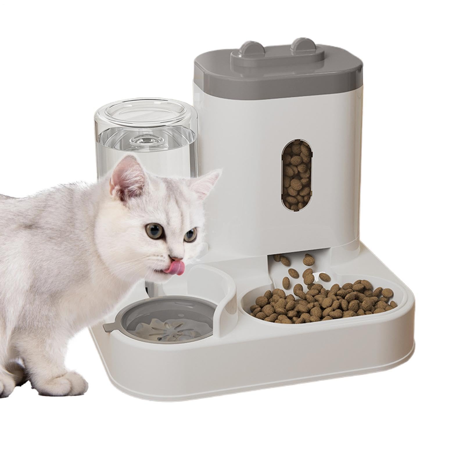 Distributeur Croquettes Chat Automatique,Distributeur Croquettes Chat Automatique 2 en 1 PP 2.2L Distributeur Croquettes Et 0.8L Fontaine A Eau Combo Mangeoire avec Gamelle Grande Capacité，Gris
