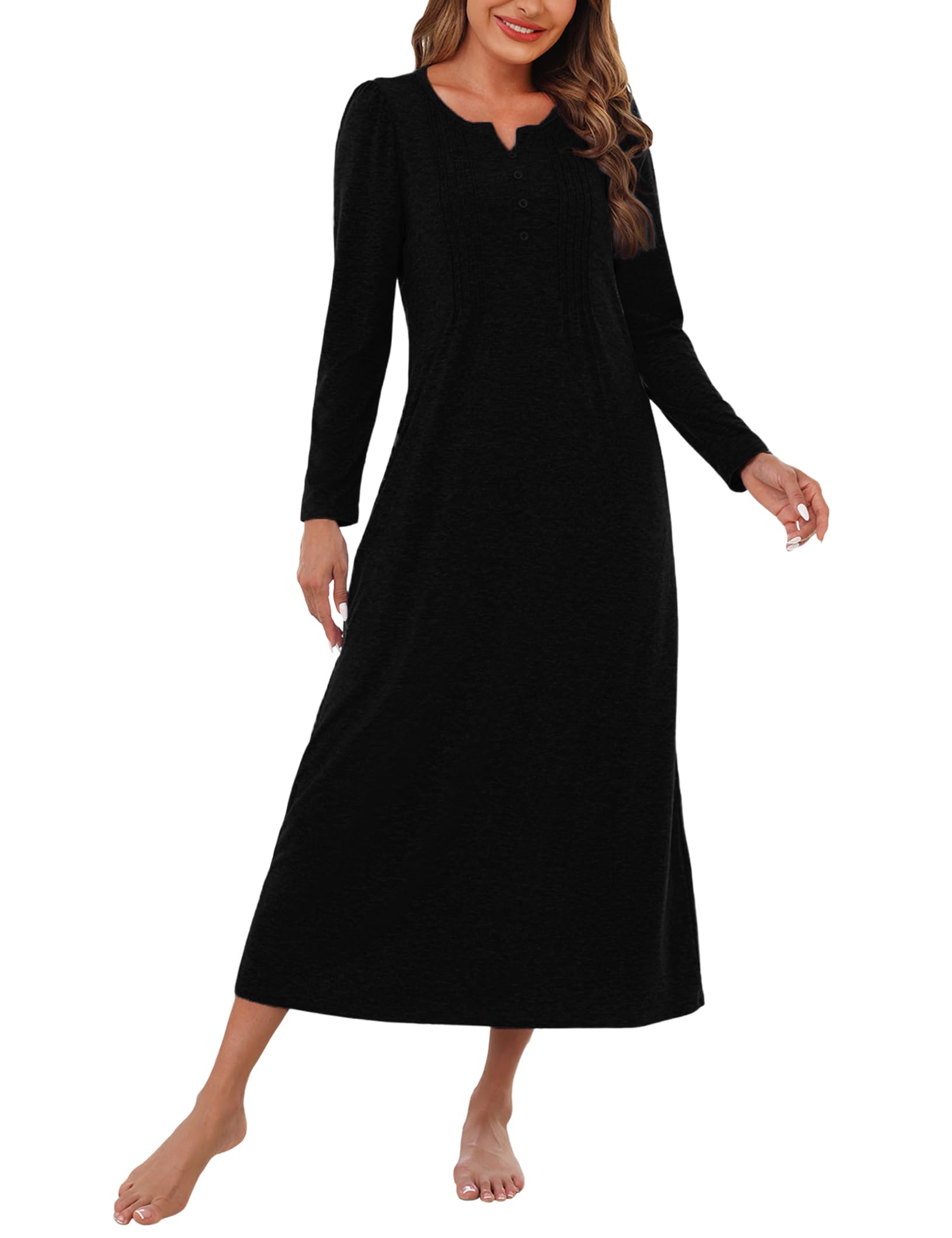 Marvmys Womens Cotton Long Sleeve Nightgowns Soft Ladies Sleep Shirts V ...