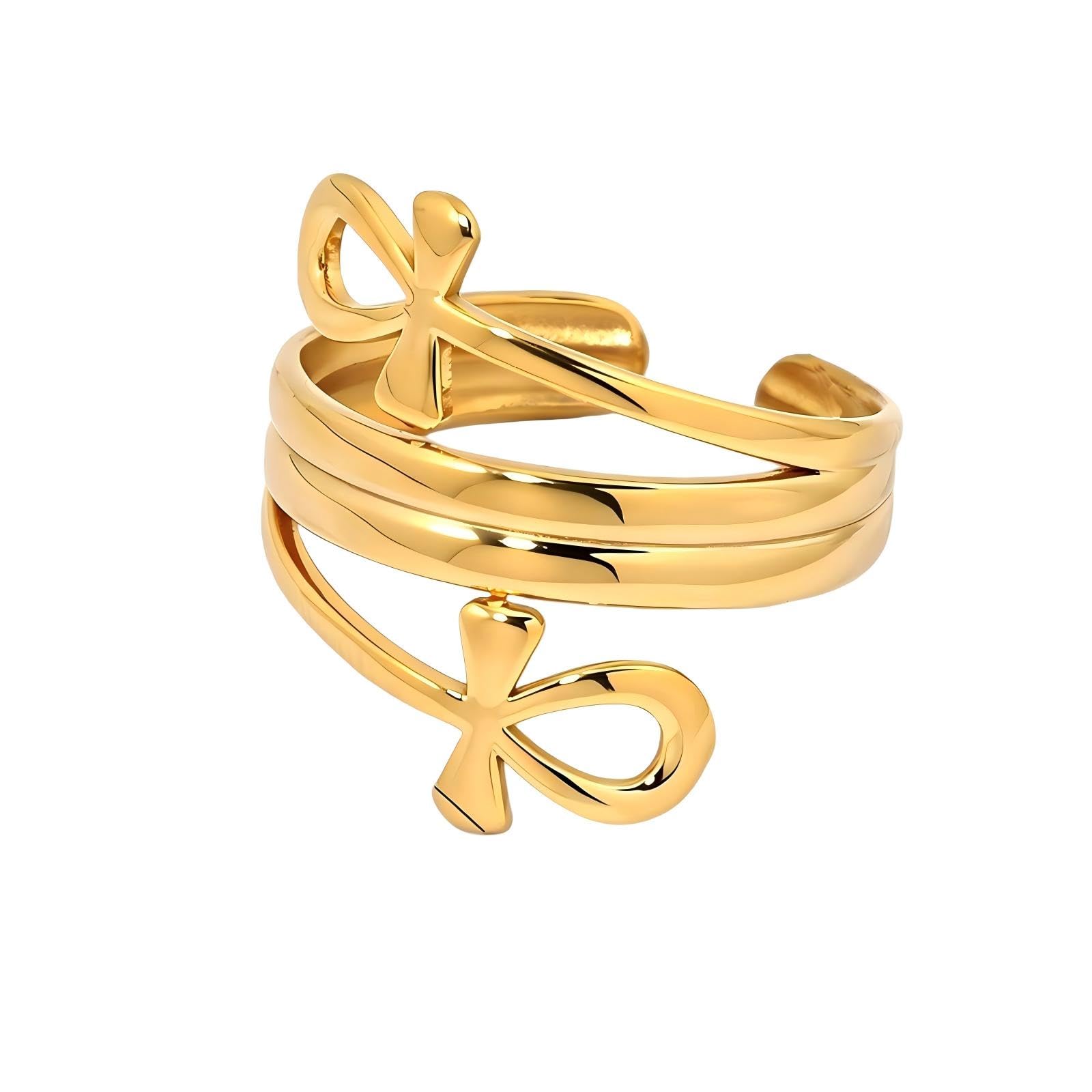 Ankh Cross Ring for Women Men Layered Egyptian Symbol Copper Ring Gold Plated Adjustable Religious Jewelry Gift Gold01