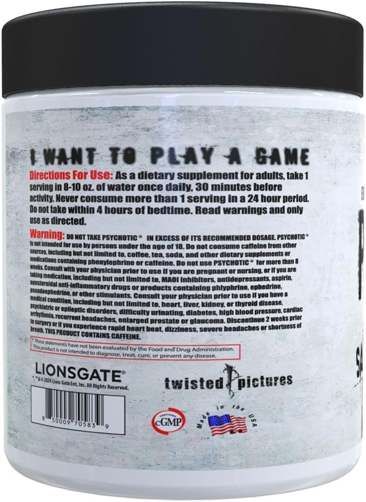 Insane Labz Psychotic Saw, High Stim Pre Workout Powder with OxyGold­™ and AMPiberry®,Extreme Lasting Energy with Teacrine®,Focus with CognitIQ® and Endurance (60 Servings, Grape)