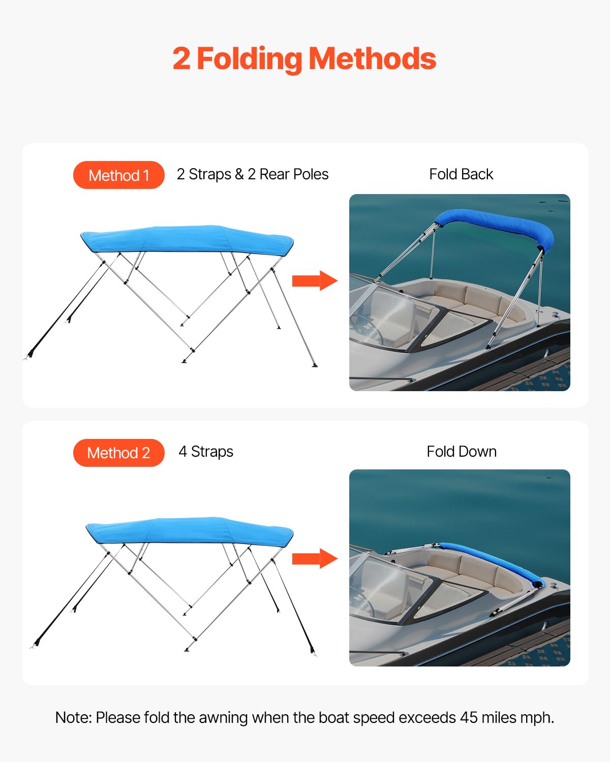 VEVOR Bimini Top Bootsabdeckung Sonnenverdeck (4 Bögen) aus 600D Polyester mit Rahmen aus Aluminiumlegierung, wasserdichte Sonnenschutz-Bootsmarkise mit Aufbewahrungstasche, 170-183 cm (B) Blau