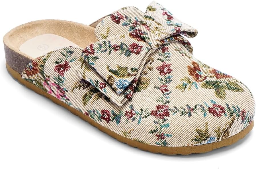 Women's Floral Print Classic Clogs with Bow, Comfort Leather Upper, Non-Slip Rubber Sole, Casual Everyday Mules