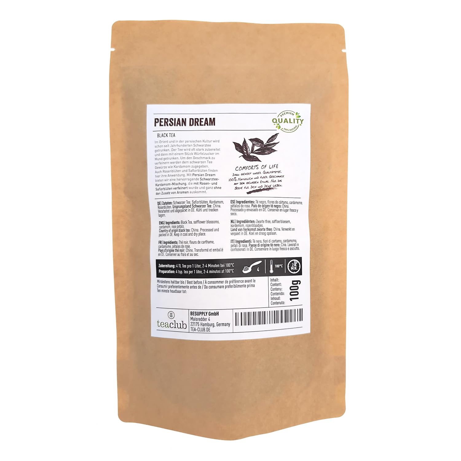Persian Dream Té Negro Suelto 100g, mezcla de té negro persa con cardamomo pétalos de rosa flores de cártamo, TeaClub Té Negro