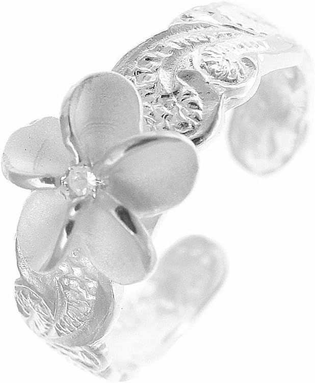 Arthur's Jewelry 925 sterling silver 8mm Hawaiian plumeria flower scroll white cz toe ring