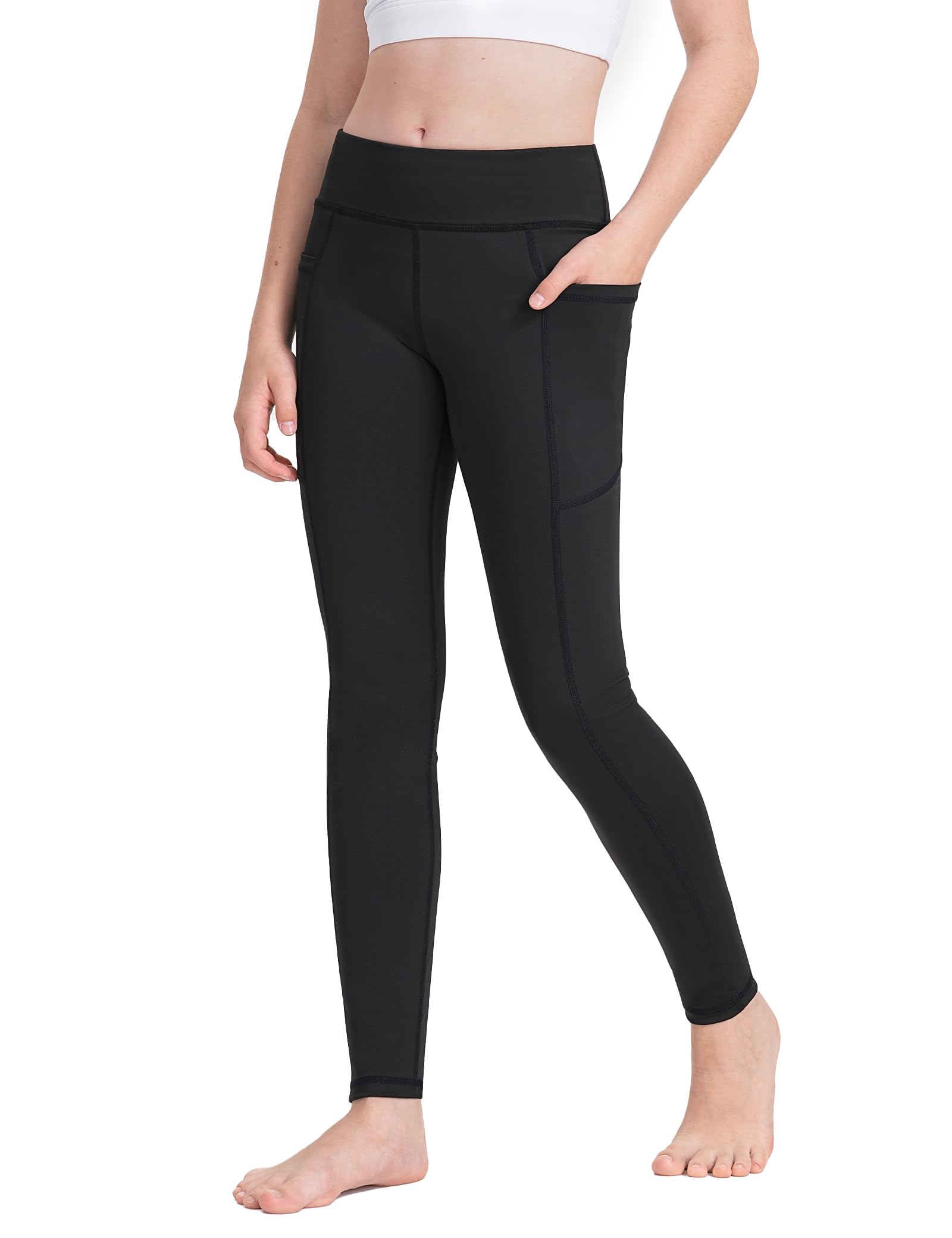 Auranso Sportleggings Mädchen Schwarz Leggings Yogahose High Waist Laufhose Atmungsaktiv Kinder Sporthose Trainninghose Größe 130-160 cm