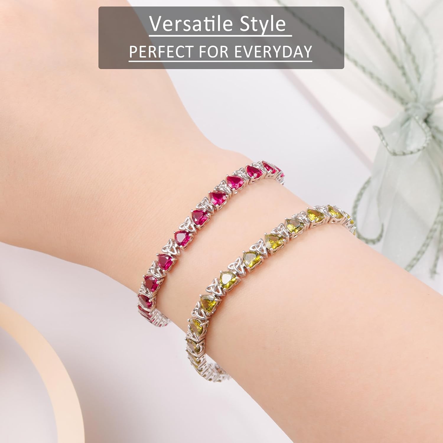 Birthstone Tennis Bracelets for Women, 925 Sterling Silver Heart Shaped Celtic Trinity Knot, 7 Inch Charm Trendy Hypoallergenic Anniversary Birthday Gifts for Her - Image 4