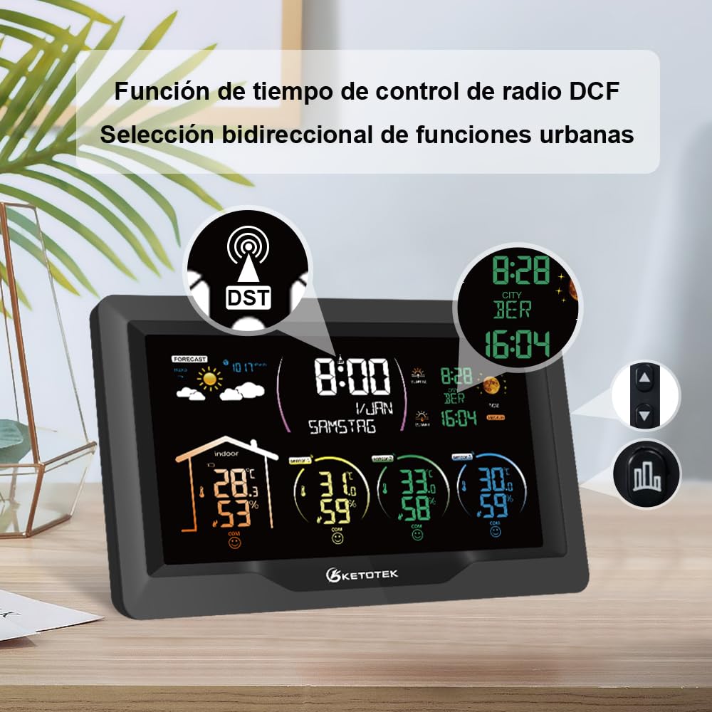 Estación Meteorológica Radio Inalámbrica KETOTEK con 3 Sensores de Exterior Termómetro Digital LCD de Interior Higrómetro Barómetro con DCF,Reloj Alarma,Previsión Meteorológica,Fase Lunar
