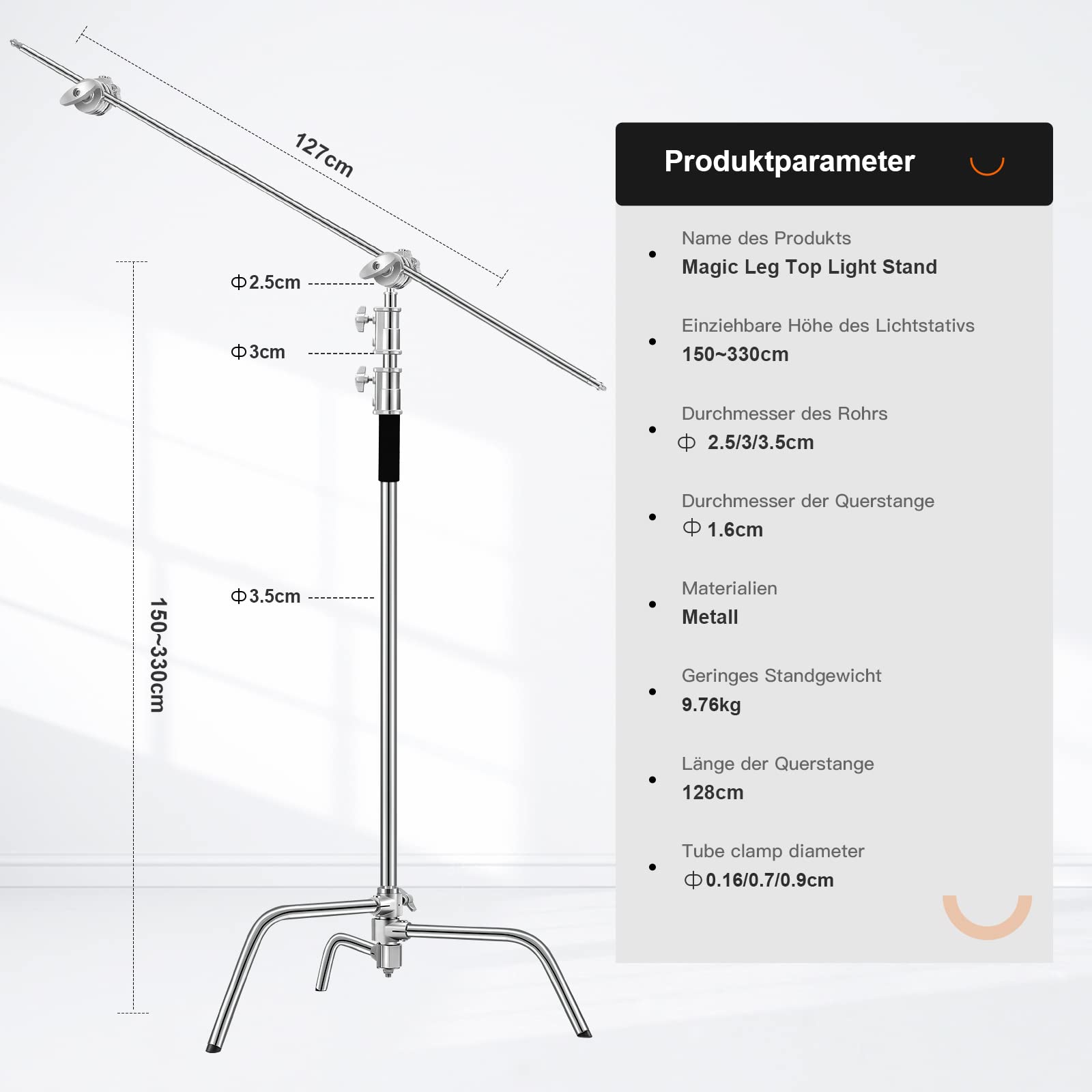 SOONPHO 2-Pack C Stand 100% Acciaio Inossidabile Heavy Duty Supporto a C Fotografia Light Stand C-Stand con 130cm braccio di supporto Kit,testa Grip,clip per Godox AD200 Pro SK400 Aputure(Argento)