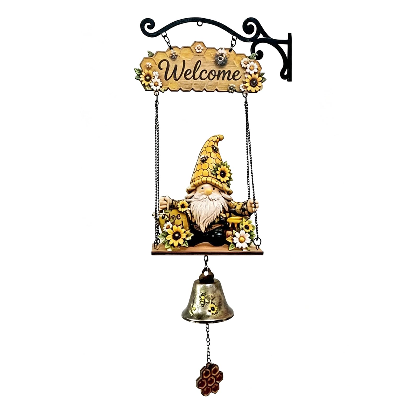 EcoGleam Gnome Garden Decor Windchime Retro Decorative Doorbell Handmade Bee Sunflower Gnome Farmhouse Welcome Doorbell for Porch Home Office Garden Entryway (Bee Jar Gnome)