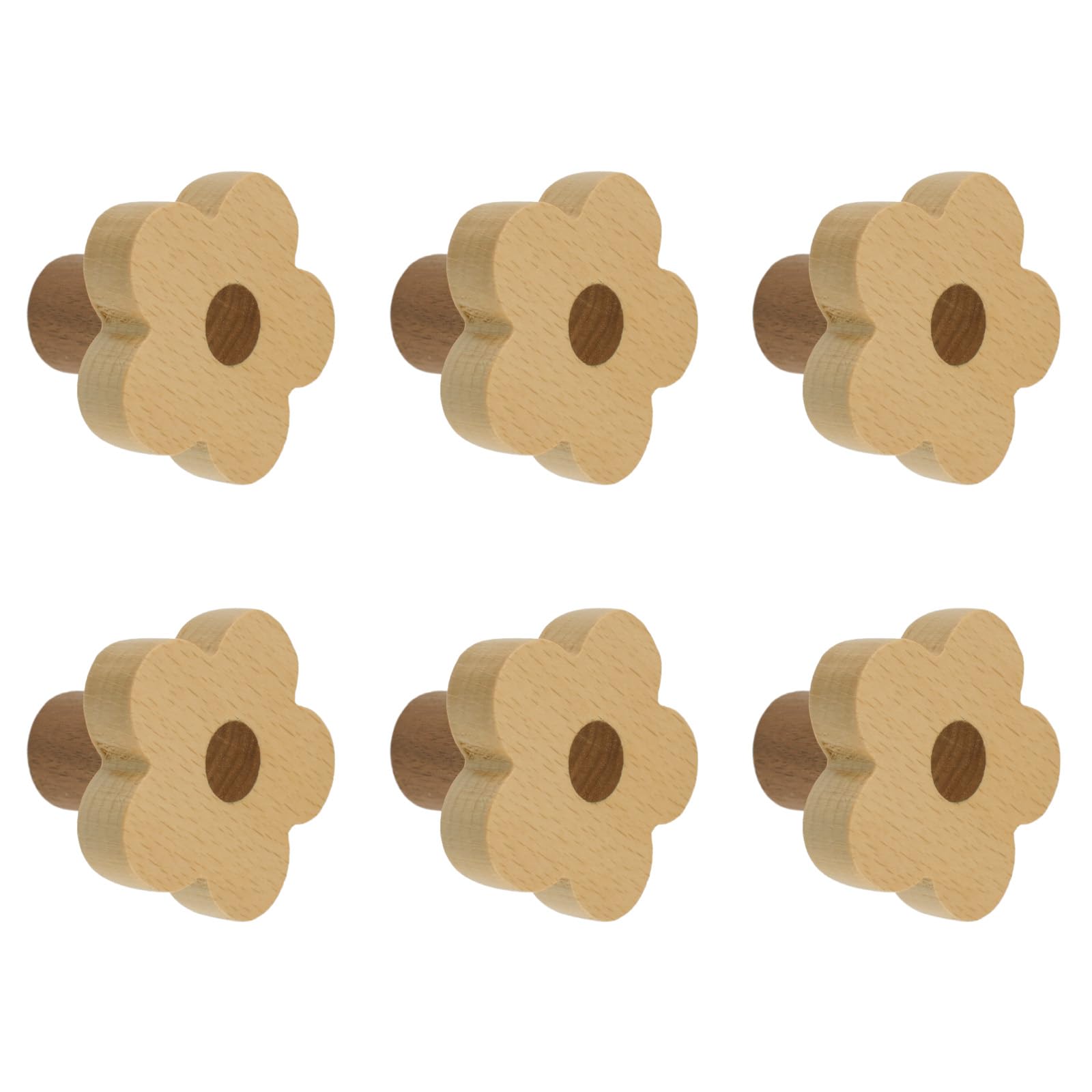 MOROBOR Flower Shaped Wooden Knobs, 6pcs Unfinished Natural Handmade Wood Knob Single Hole Handles for Drawer Wardrobe Cabinet Dresser with Screws& Expansion Tube — image 1