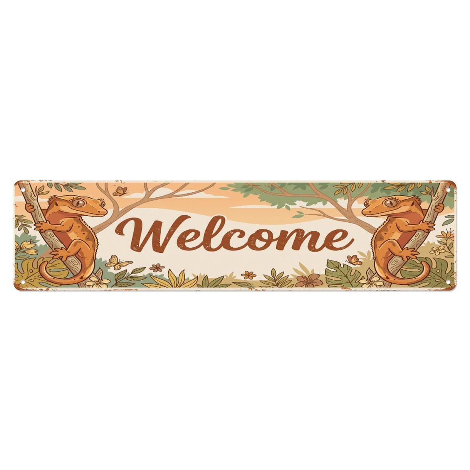Cxhjca 4X16inch(10X40cm) Vintage Welcome Crested Gecko Branch Metal Tin Sign