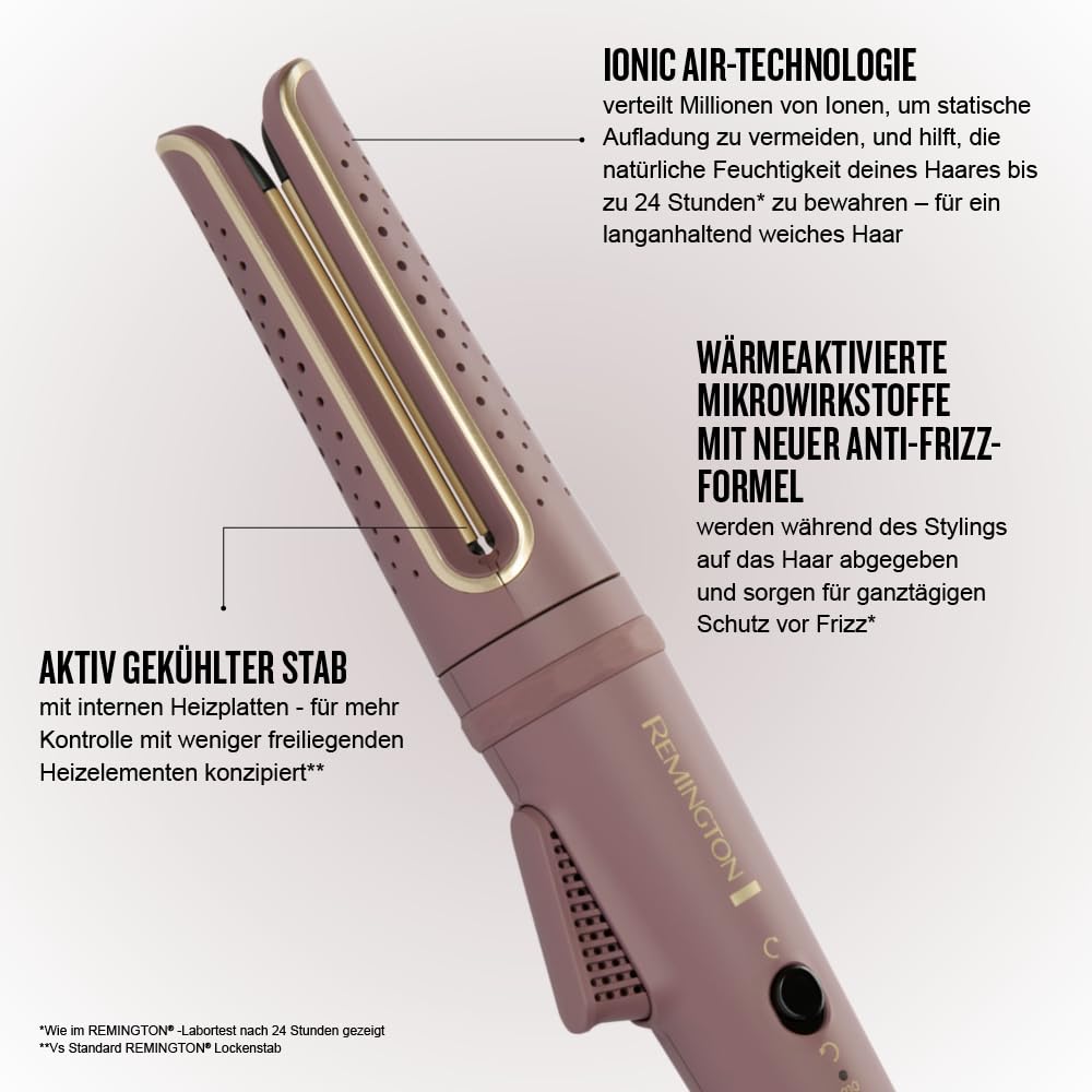 Remington AIRvive™ Lockenstab [rotierend] Ionic Air-Technologie für langanhaltende Locken (Ultra-Keramikstylingplatten mit Anti-Frizz-Mikrowirkstoffen, LED-Display 160-210°C für alle Haartypen) CI8930