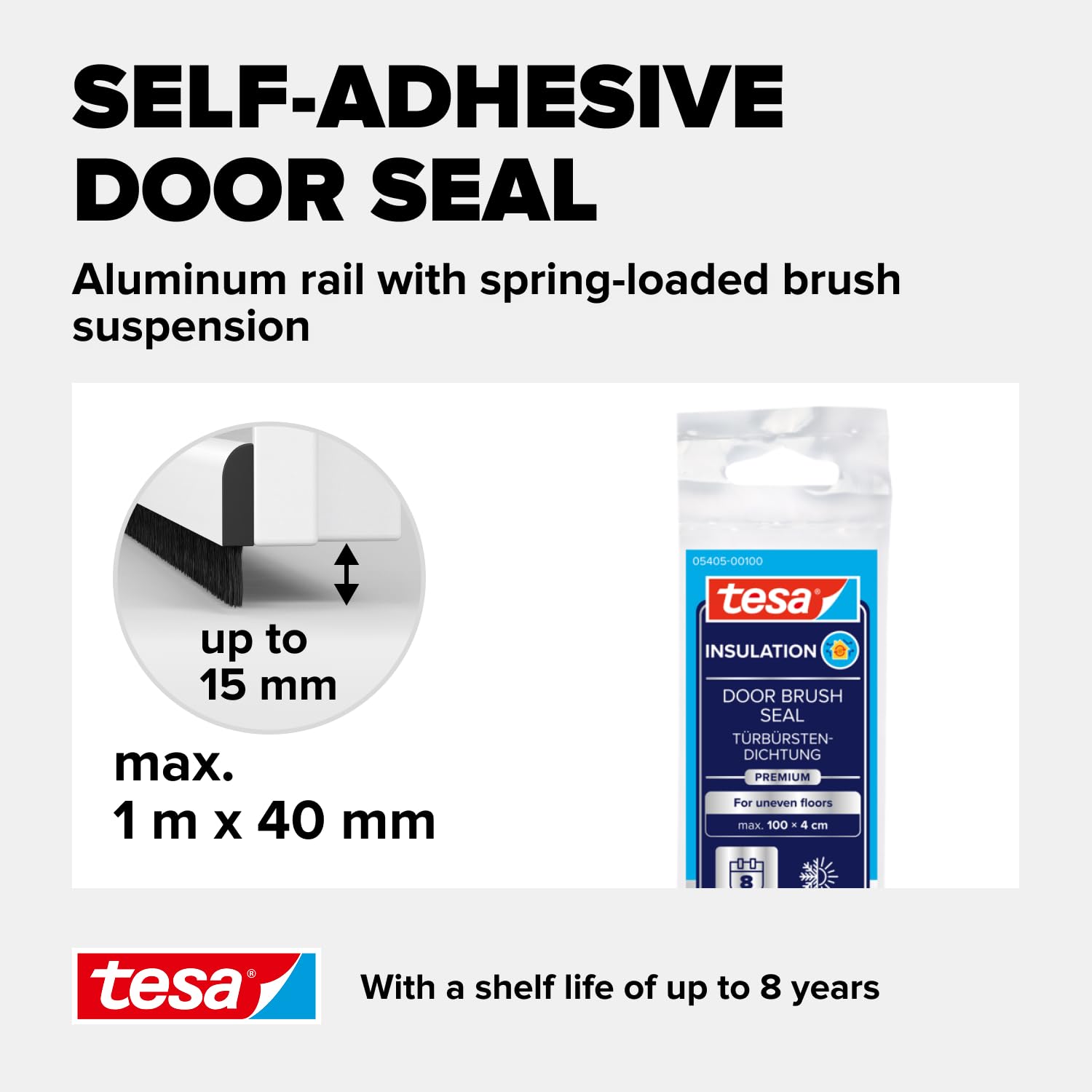 tesa INSULATION Premium Türdichtschiene für unebene Böden - Selbstklebende Alu-Türdichtung zum Schutz vor Zugluft - Weiß - mit Bürstendichtung bis 15 mm