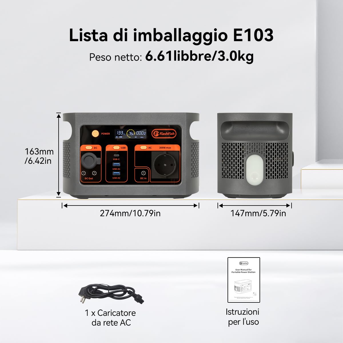 FlashFish E103 Power Station portatile 300 W con batteria LiFePO4 da 179,2 Wh (3000 cicli), ricarica rapida 0-80% in 1 ora e 230 V AC, generatore solare multifunzione per campeggio, esterni, viaggi