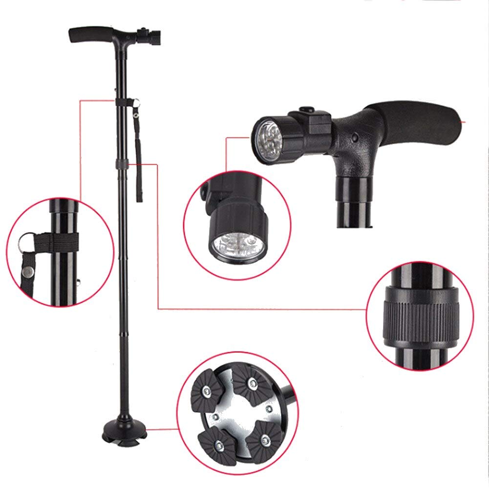 Muletas para Ancianos, bastón Plegable, Ajustable, con luz LED, Plegable, de Aluminio, para Hombres, Mujeres, Padres, Madres, con asa de Espuma de Primera Calidad, Correa de muñeca charitable