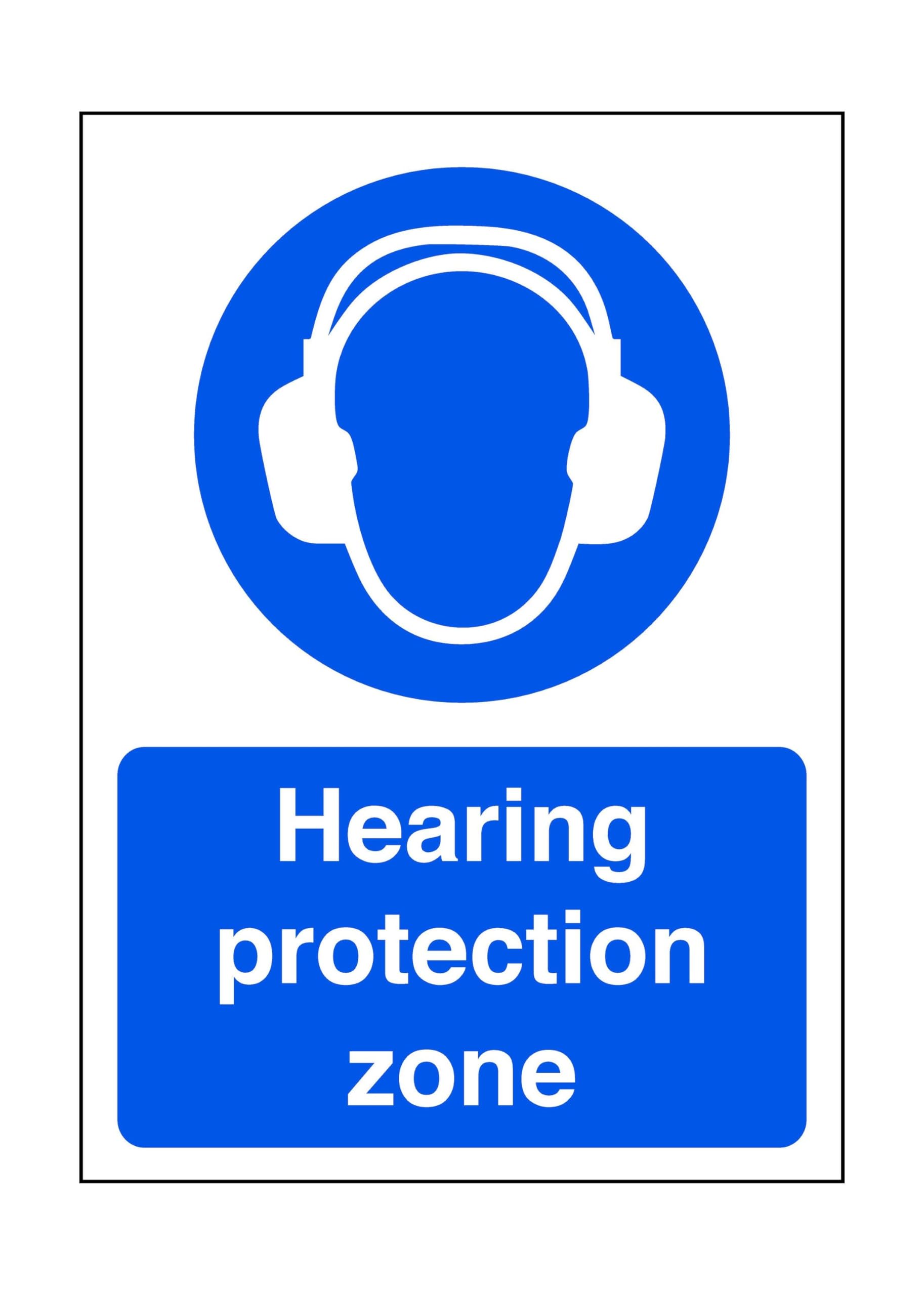 Safety First Display Ltd Blue/White Hearing Protection Zone - Safety Sign, Ppe Clothing, Ppe - High Tack Self-Adhesive Sticker (400Mm X 300Mm) Viewing Distance Within 14M.