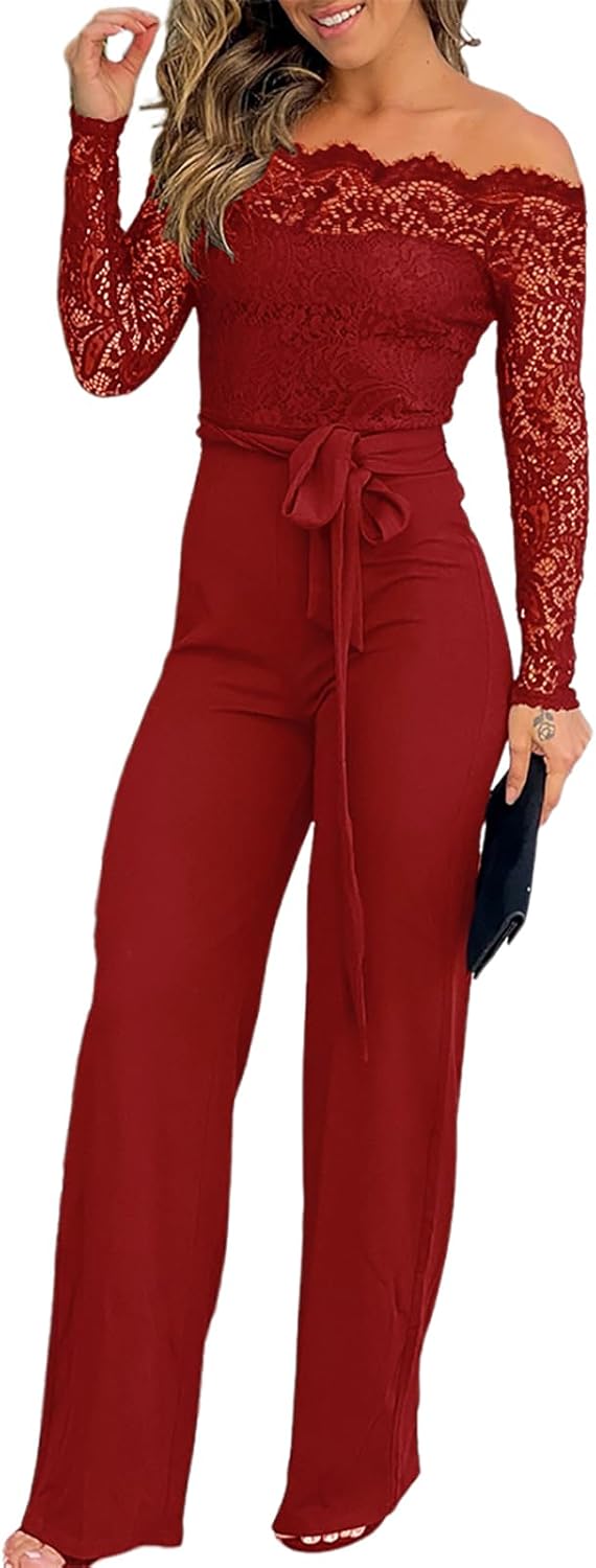CHICME Womens Dressy Jumpsuits Casual One Piece Outfits Off Shoulder Lace Trim Overalls Straight Leg Pants