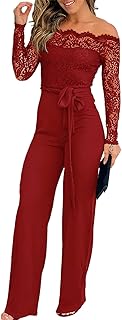 Womens Dressy Jumpsuits Casual One Piece Outfits Off Shoulder Lace Trim Overalls Straight Leg Pants