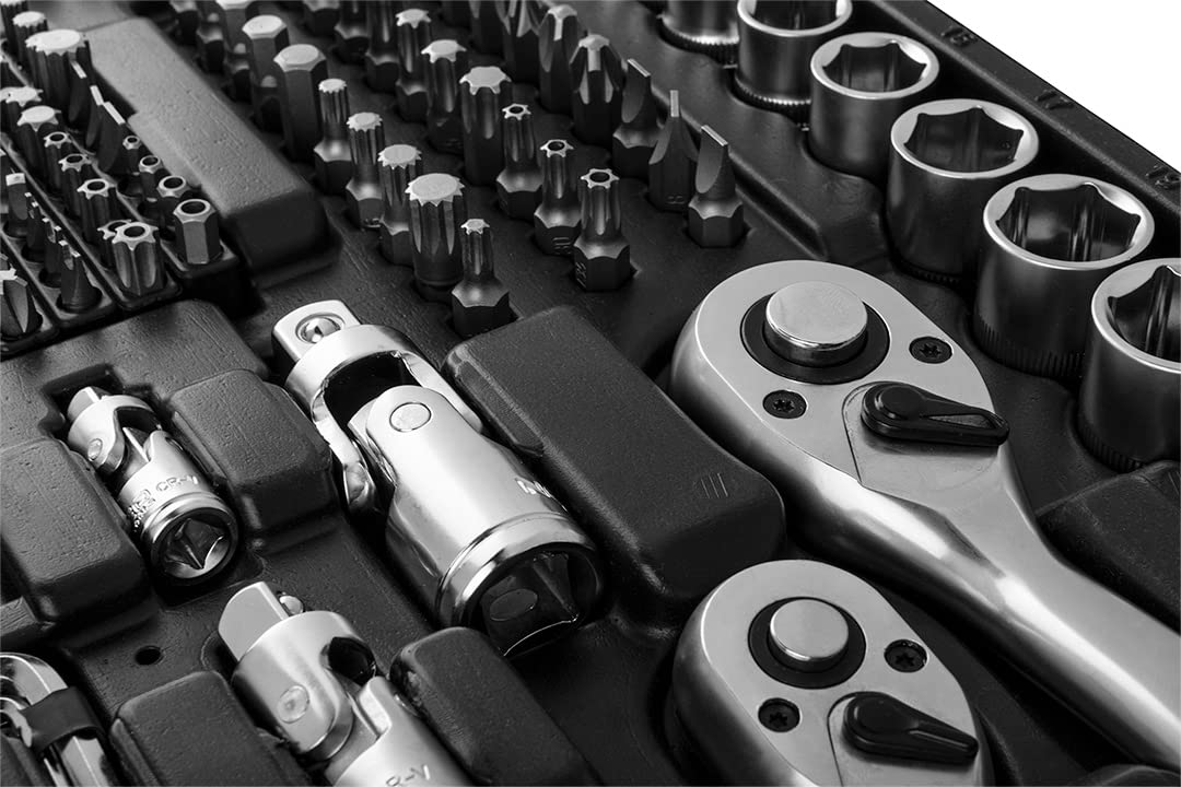 NEO TOOLS Zestaw Kluczy 216 Elementów 1/2", 3/8", 1/4" w Wytrzymałej Walizce | Klucze Nasadowe, Wkrętaki, Imbus, Grzechotki | Kompletny Zestaw do Warsztatu, Garażu, dla Majsterkowicza