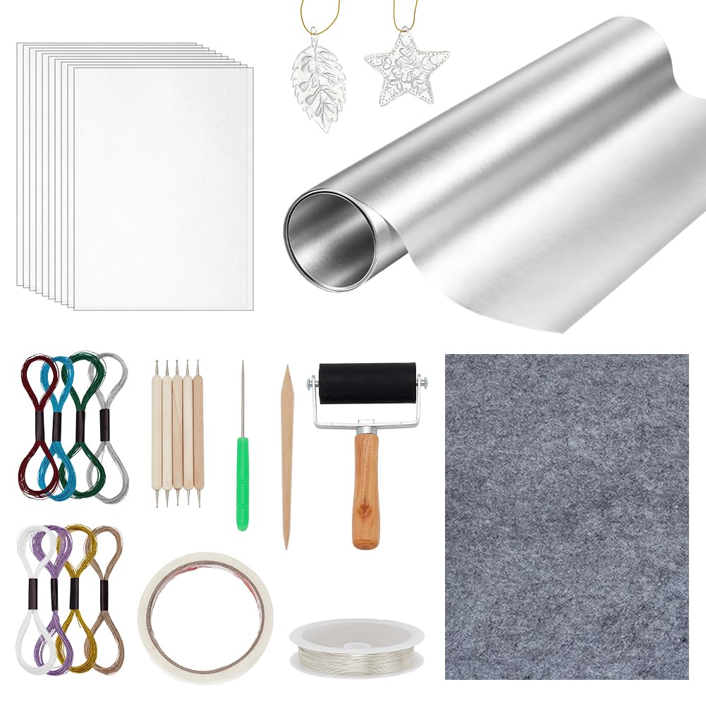 OLYCRAFT Aluminum Metal Crafts DIY Foil 40cmx5m Silver Foils Sheets Aluminum Foil Flashing Metals Sheet with Embossing Tools and Calligraphy Pad for DIY Crafts Painting Embossing Gilding Crafting