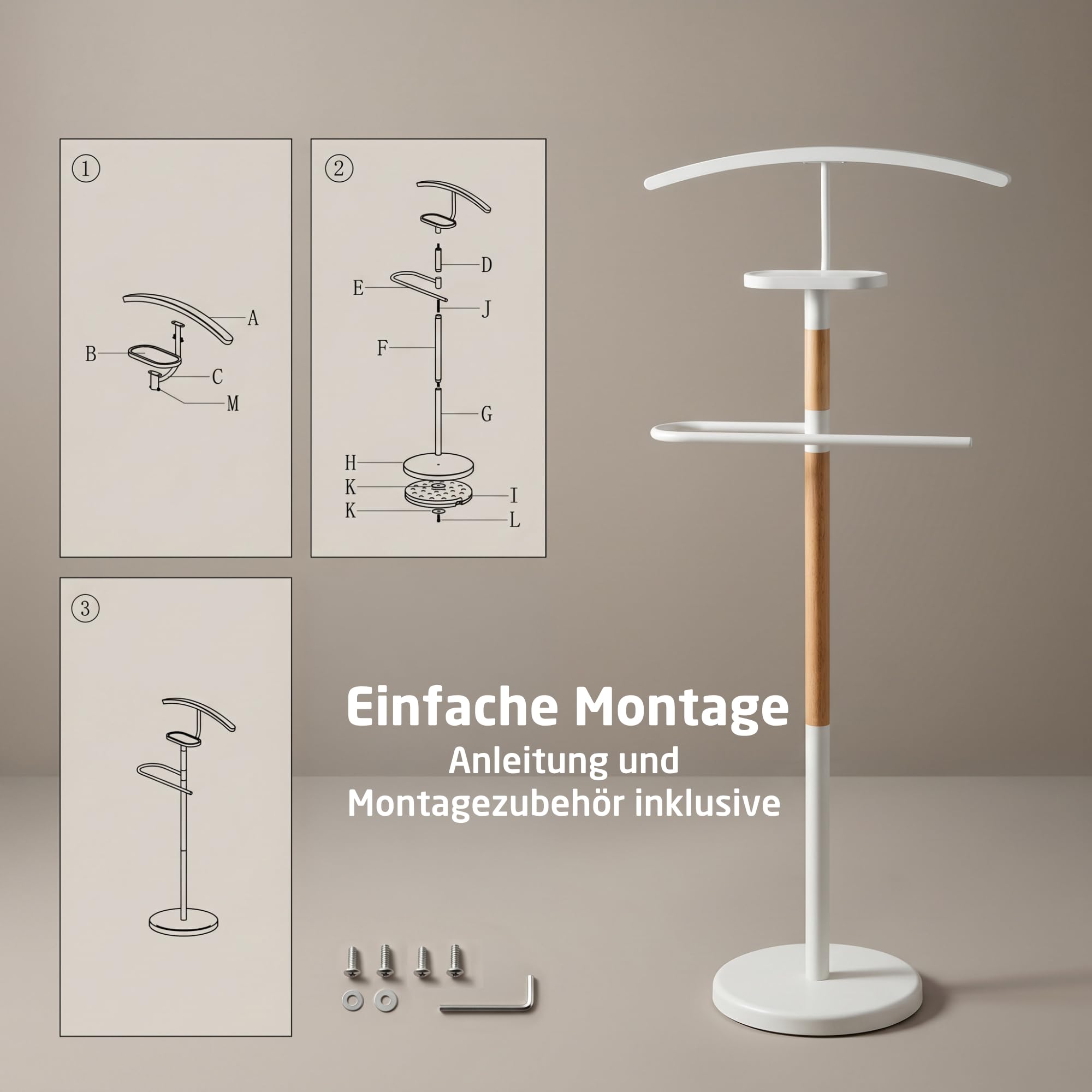 Herrendiener Mod. EIDE - Farbe Weiß und Holz - Mit oberer Kleiderstange und Hosenstange - 47 x 29 x 111 cm - Stahl und Holz - Kleiderständer für das Schlafzimmer