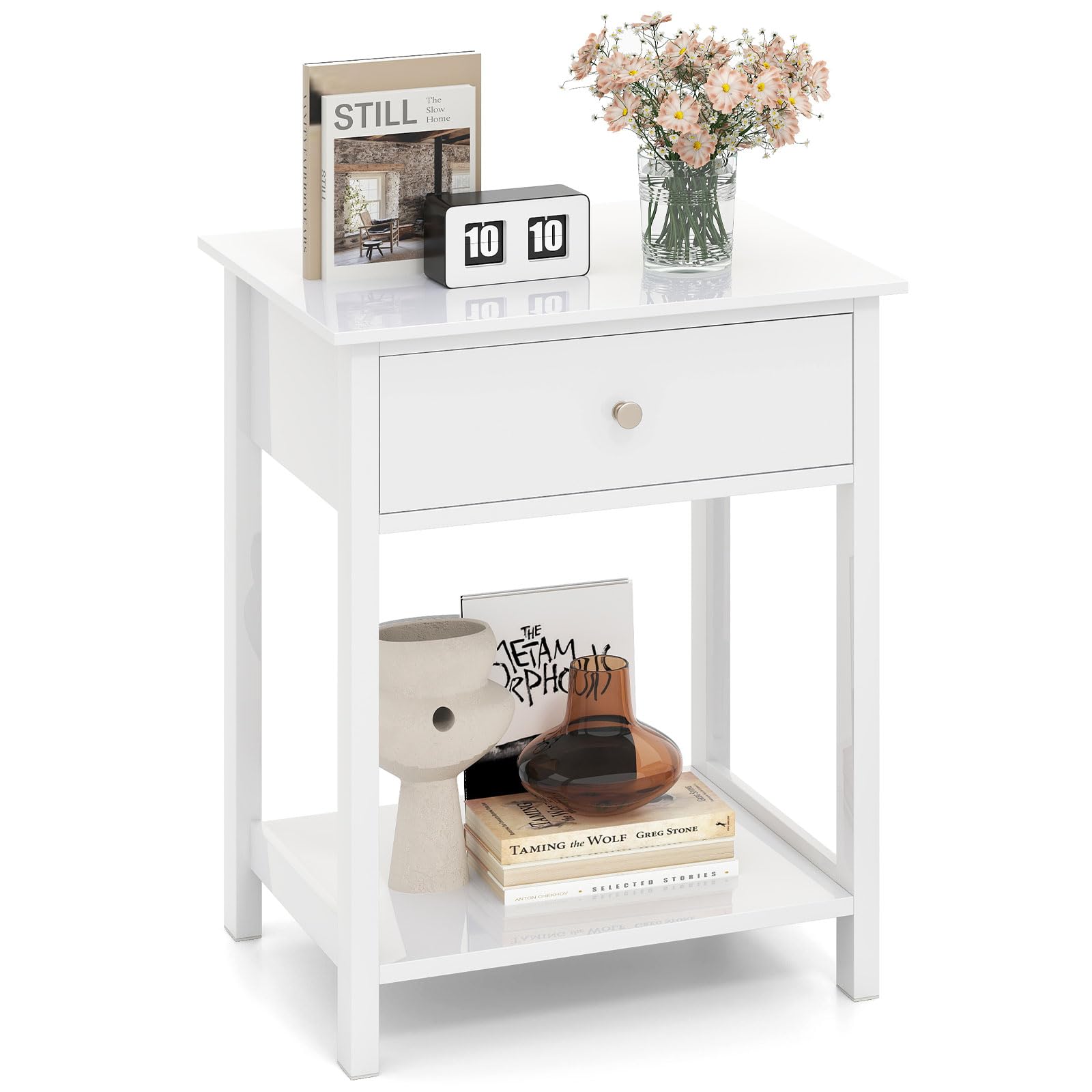 COSTWAY Bedside Tables, Wooden Nightstand End Sofa Side Table with Drawer and Open Shelf, Modern Accent Bedside Cabinet Storage Unit for Small Space, Living Room, Bedroom (1PC, White)