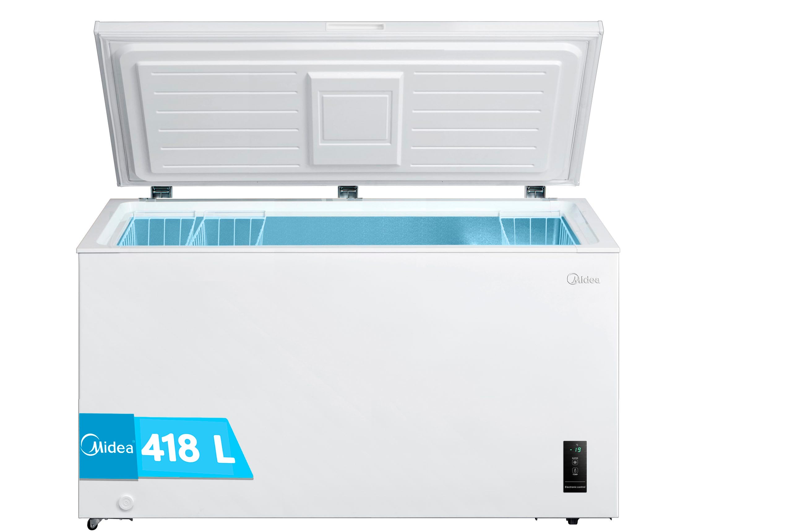 MIDEA Arcon Congelador Pequeño Horizontal de 418L, Motor Inverter, Control Electrónico de Temperatura, Tecnologia D-TYPE Tube, Cestas con Asa, Easy Move, Silencioso 39dBA, Bajo Consumo, Blanco