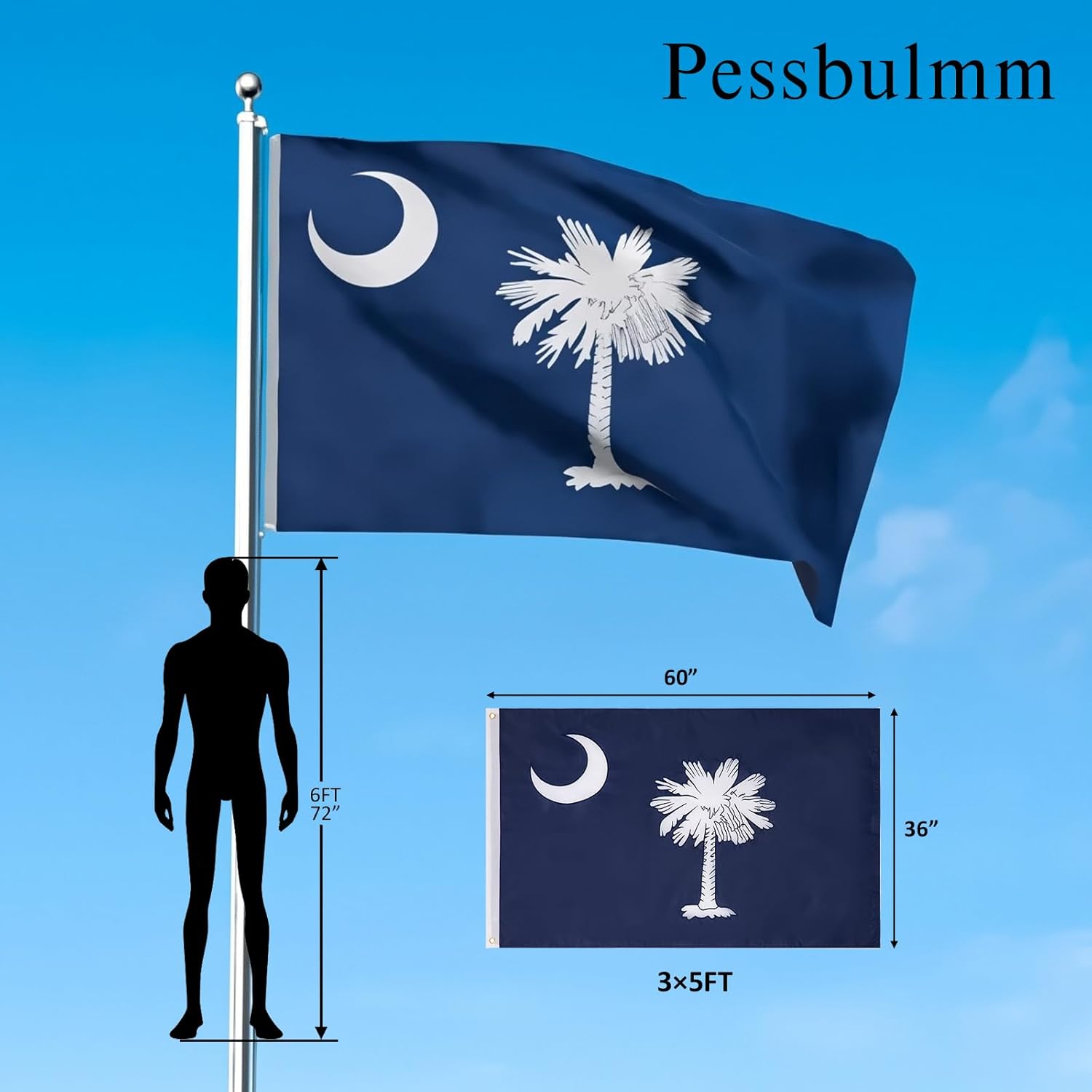 South Carolina State Flag 3x5 Ft Heavy Duty Outdoor Flag with Embroidered Palmetto Tree, Crescent Moon & Stars, Reinforced 4-Row Stitching, Brass Grommets for All Weather Use - Image 3