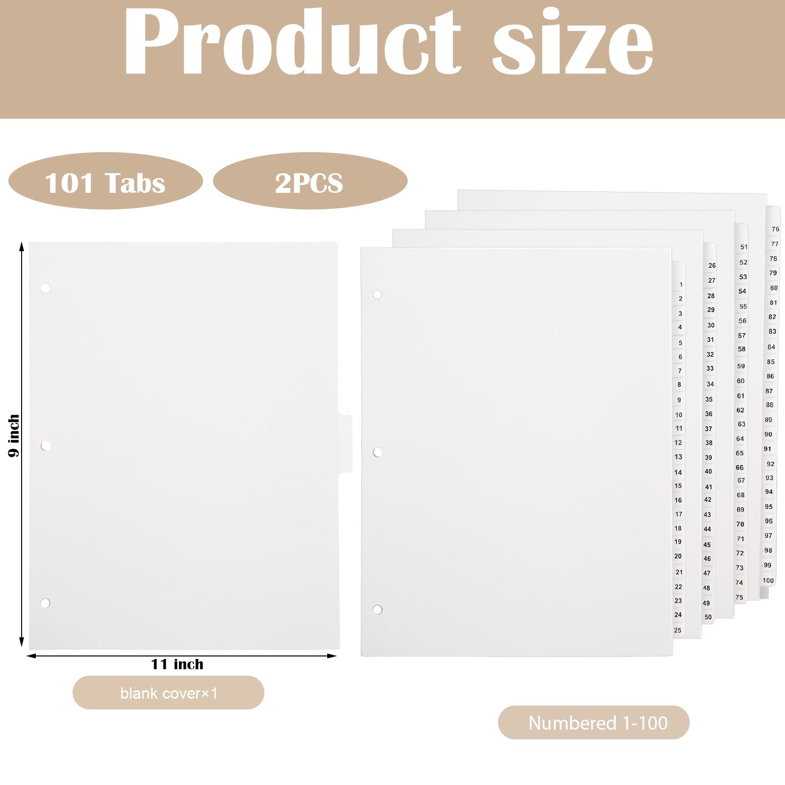 Yeaqee Confezione da 2 divisori numerati a 3 fori per raccoglitori a 3 fori, con linguette, divisori di carta per raccoglitori a 3 anelli, divisori bianchi per quaderni da 20,5 x 27,9 cm (1-100)