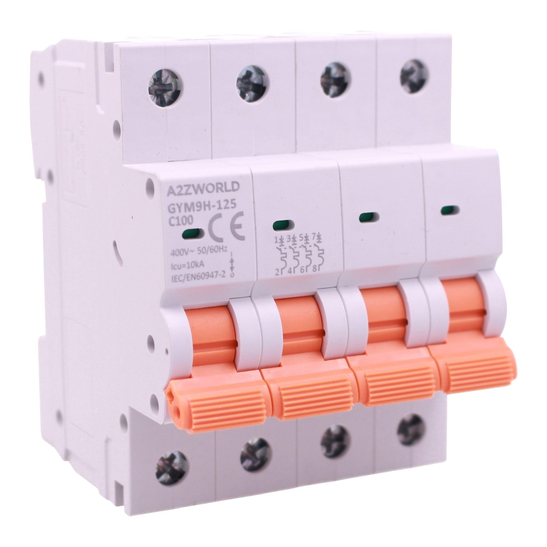 4 interruptores magnetotérmicos trifásicos 4P 100 A C100, curva C 10 kA, 4 módulos DIN 380 V AC, certificado IEC60898-1, serie GYM9H-125