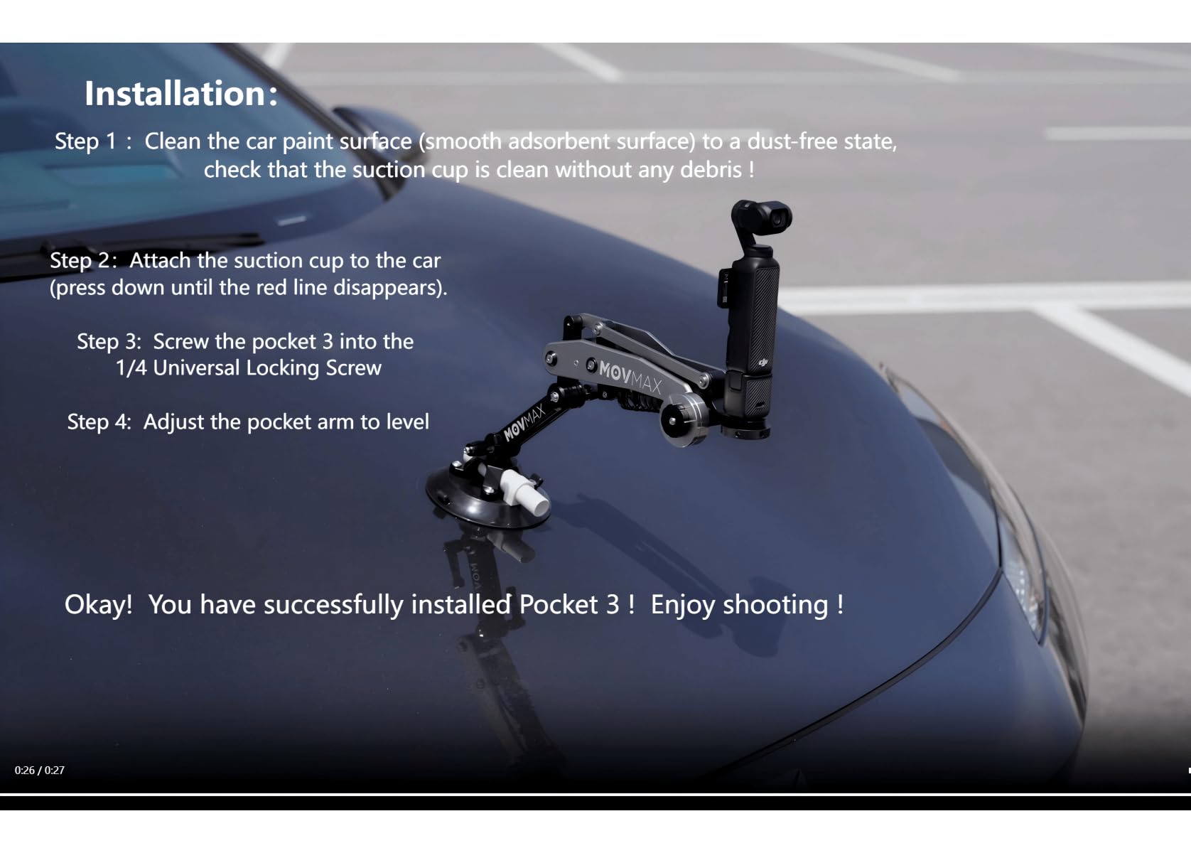 Movmax - Braccio lama per DJI osmo Pocket 3, supporto a ventosa per auto, stabilizzatore per fotocamere Pocket 3, Insta 360 e GoPro Hero, vite di bloccaggio universale 1/4, adatto per creatori di