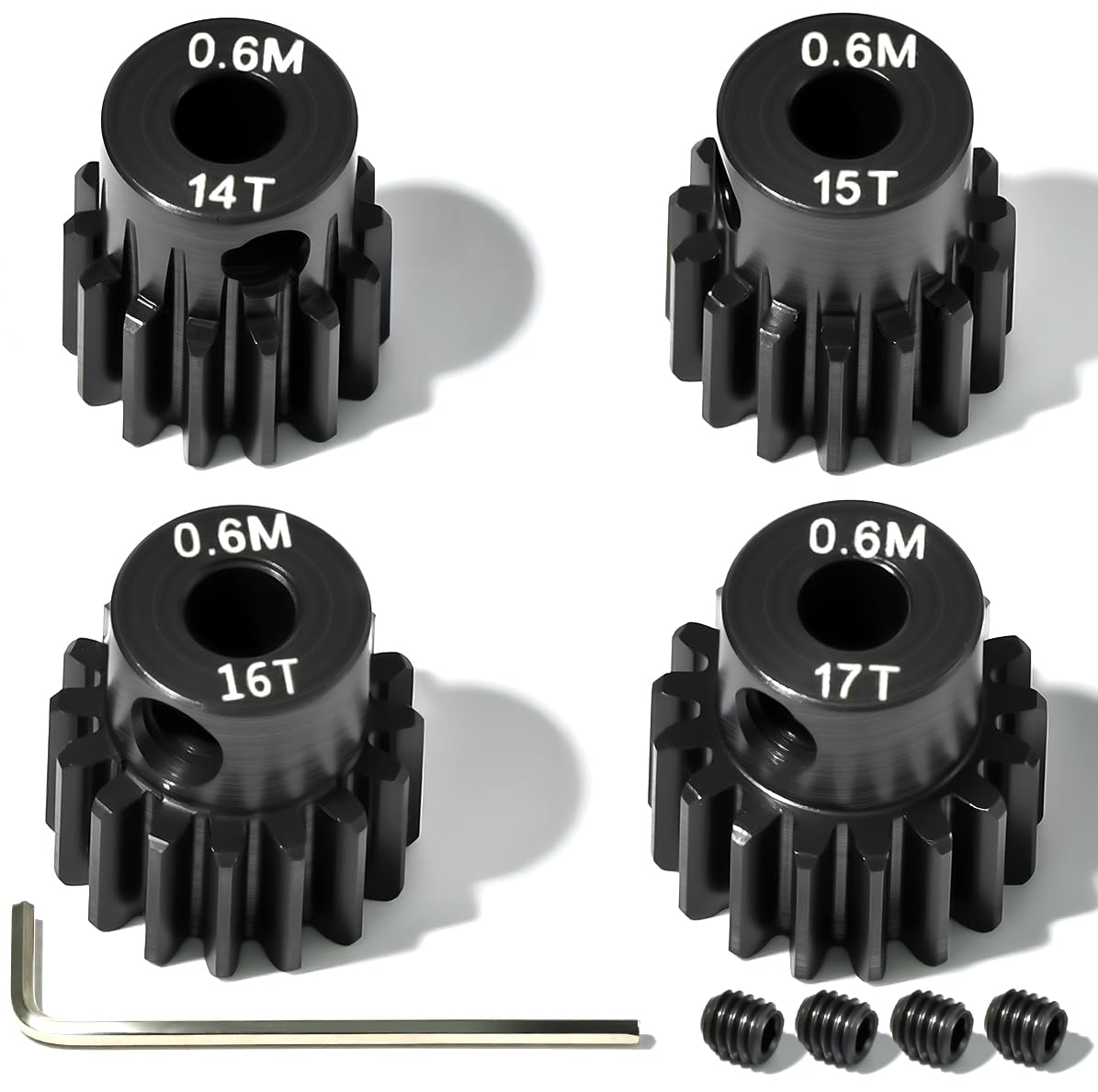 4Pcs 0.6M Hardened Steel Pinion Gear Set 3.175mm 14T 15T 16T 17T Motor Pinion Gear with M4 Screw and Hex Key, Fit 3.175mm (1/8-Inch) Shaft, for Arrma HPI Kyosho Losi Axial Traxxas Tamiya 1/10 RC Car