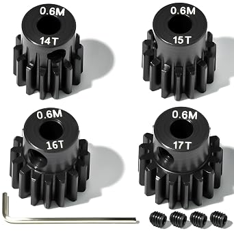 4Pcs 0.6M Hardened Steel Pinion Gear Set 3.175mm 14T 15T 16T 17T Motor Pinion Gear with M4 Screw and Hex Key, Fit 3.175mm 1/8-Inch Shaft, for Arrma HPI Kyosho Losi Axial Traxxas Tamiya 1/10 RC Car