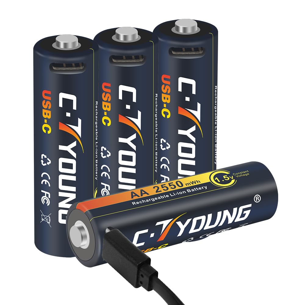 USB Rechargeable AA Batteries High Capacity Lithium ion Double A 1.5V 4Pack with 4-in-1 Charging Cable for Toys, Cameras, Smart Door Lock