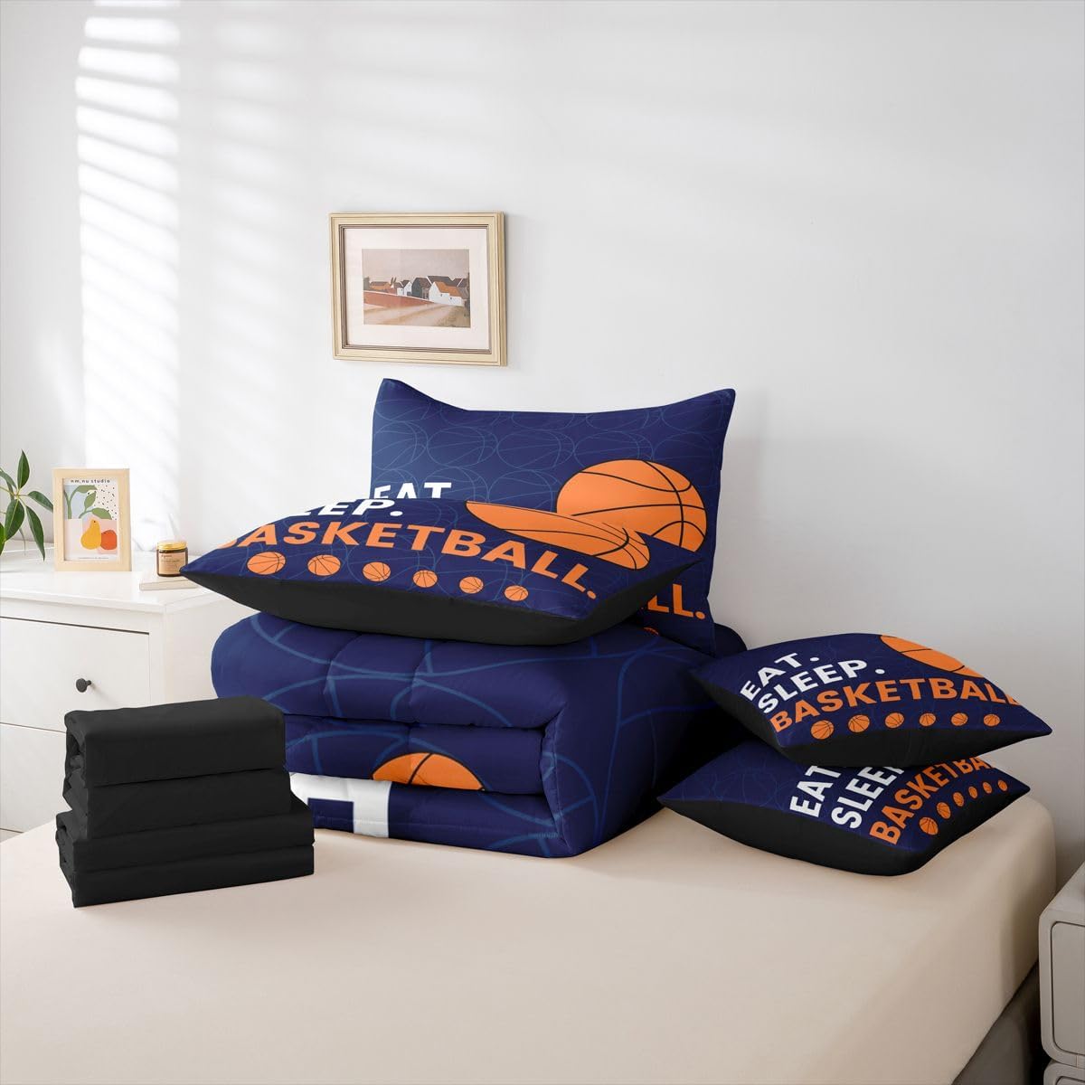 Erosebridal Boys Basketball Orange Navy Blue Comforter Set Queen Size 7 Pieces | Ball Gaming Bed in A Bag Sports Kids Teens Bed Set Men Bedding image 4