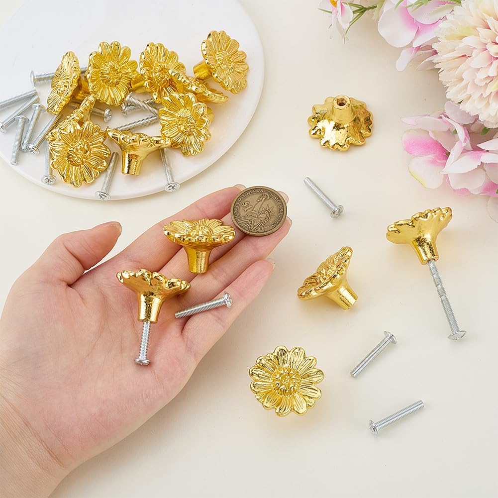 PLIGREAT 15 Pcs Gold Drawer Knobs Flower Alloy Cabinet Knobs with 30 Mounting Screws Decorative Handles Hardware for Dresser Drawers Cupboard Furniture Door Knob