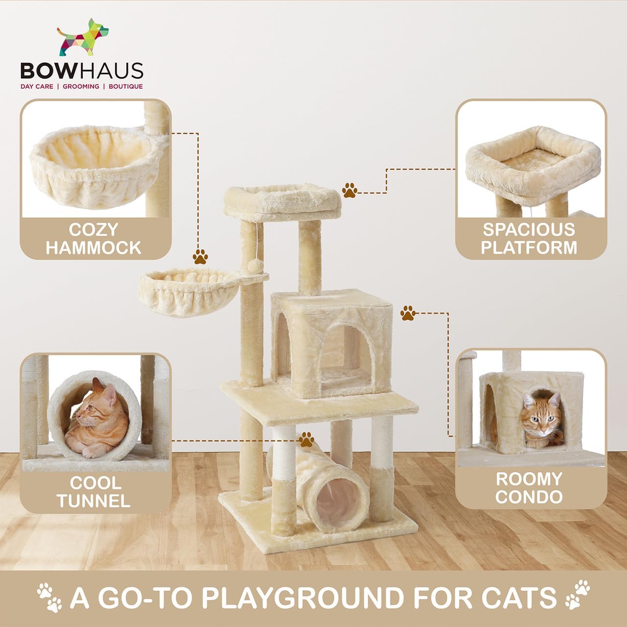 BOWHAUS Tall Cat Tree for Indoor Large Cats or Kittens, Multi-Level Cat Activity Tree with Scratching Posts, Hammock, Cat Cave Condo, Modern Cute Small Cat Climbing Tower with Widened Perch