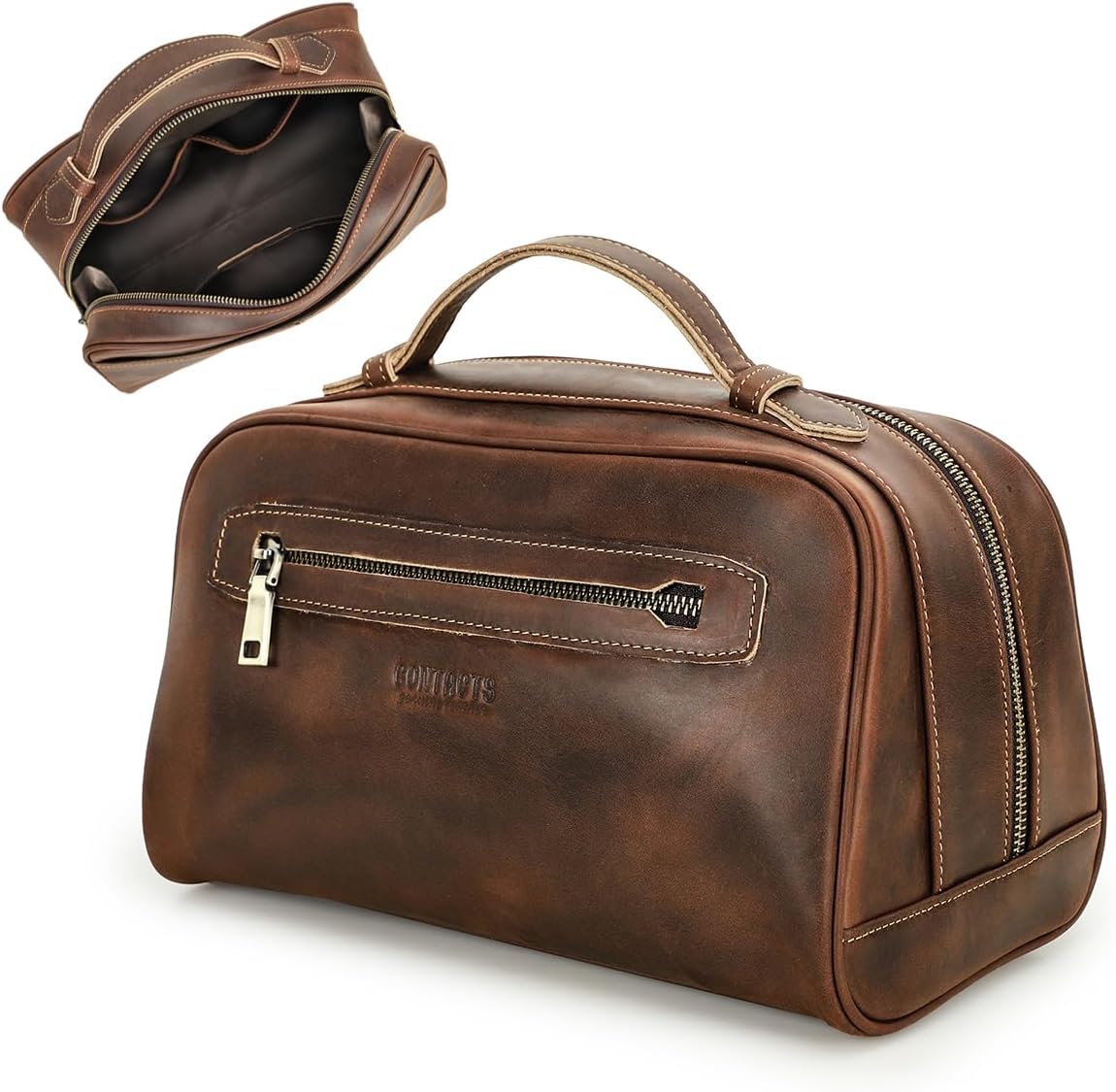 Contacts Full Grain Leather Travel Toiletry Bag for Men Wash Bag Bathroom Shaving Dopp Kit Toiletries Organizer Vintage Cosmetic Bag