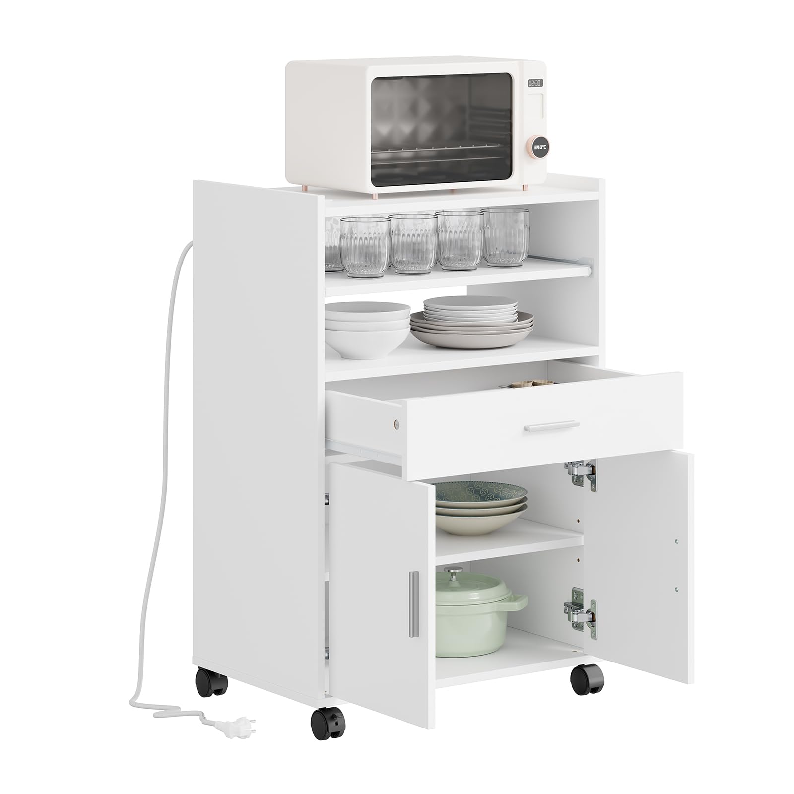 SoBuy Mikrowellenschrank mit 4-in-1-Ladestation für Küche 61,5×40×92 cm | Küchenwagen mit Arbeitsplatte, flexibel mit 4 Rollen (2 feststellbar) oder 4 Standfüßen nutzbar, aus PB und MDF, FSB09-E-W